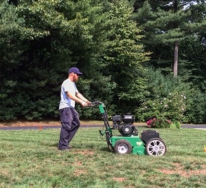 this is a photo of a bearded man mowing a lawn, lawn renovation, western ma